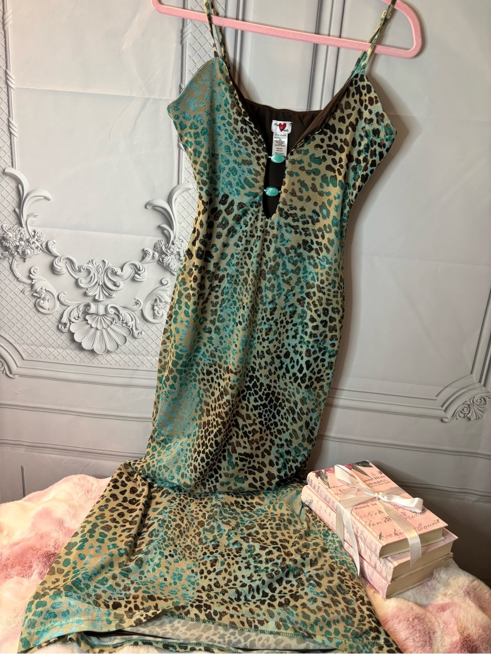 Heart & Heels Leopard Teal/Brown Maxi Dress, Size Large
